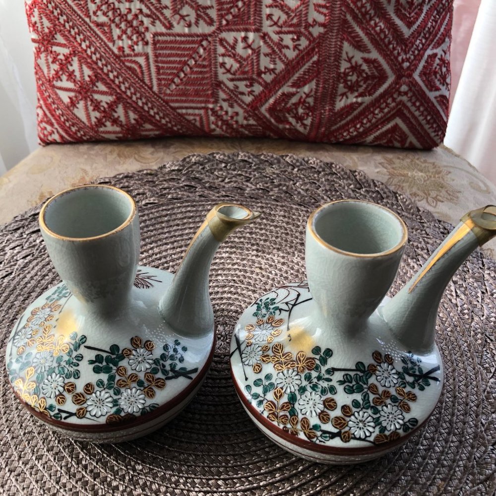 Pair of Japanese Green Gold and White Sake Bottles